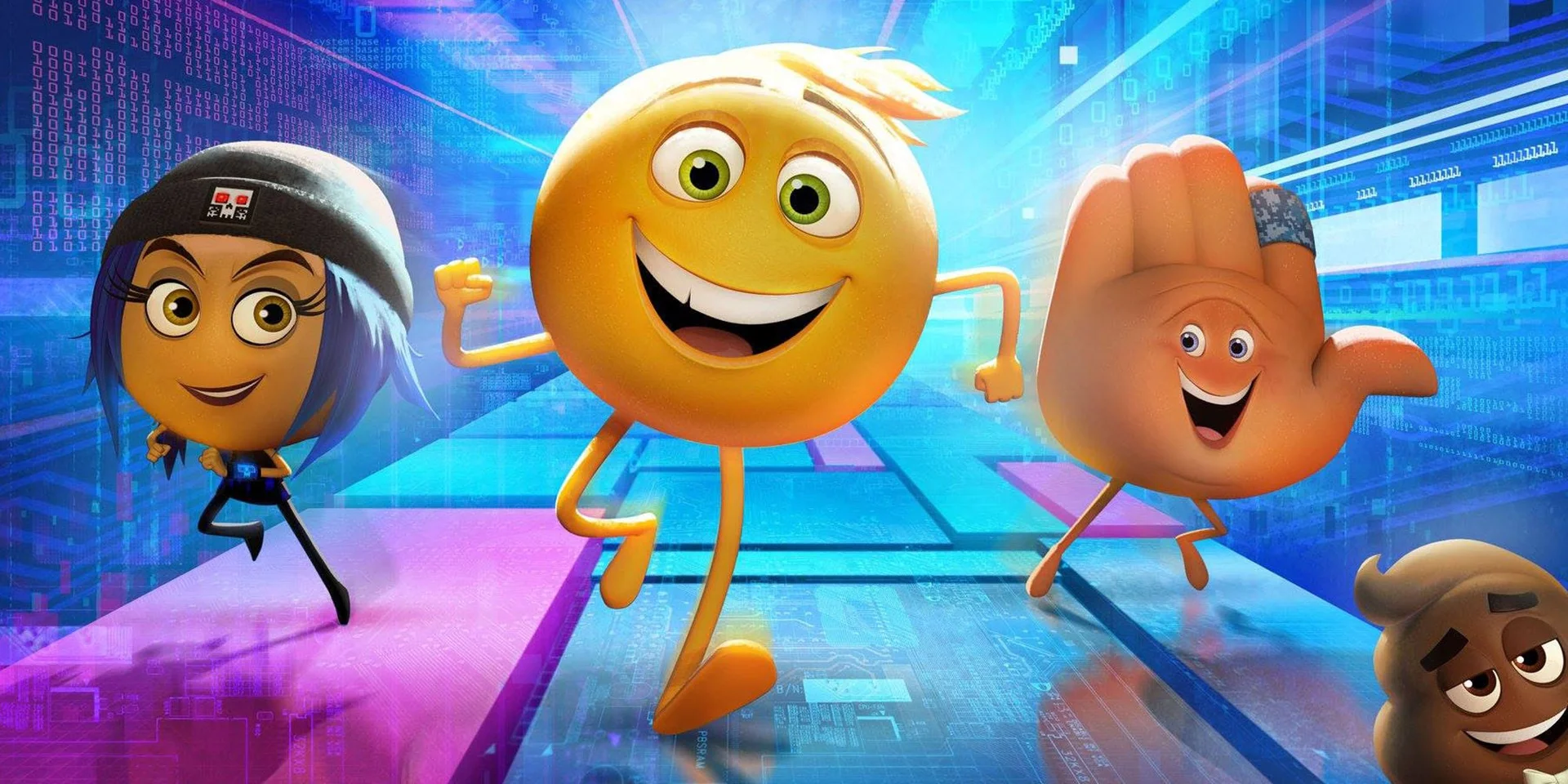 A Sony Pictures Animation promotional still from The Emoji Movie, showing Jailbreak, Gene, and Hi-5 adventuring through the digital world of Textopolis.