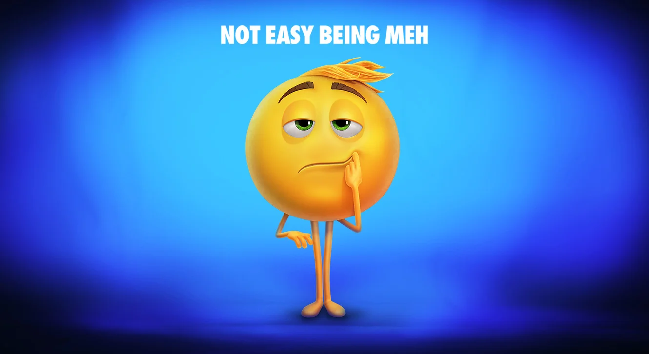 The official promotional artwork for The Emoji Movie (2017), introducing protagonist Gene with the tagline 'Not Easy Being Meh'.