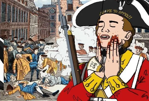 A satirical Eternal Anglo meme referencing British colonial violence at the Boston Massacre.