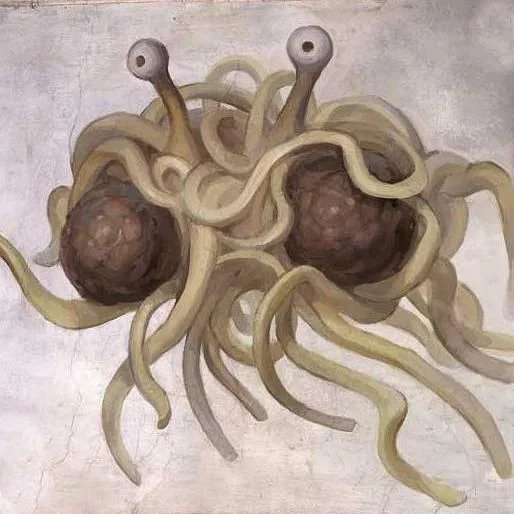 The canonical depiction of the Flying Spaghetti Monster, the deity of Pastafarianism, created as a satirical response to intelligent design curricula in schools.