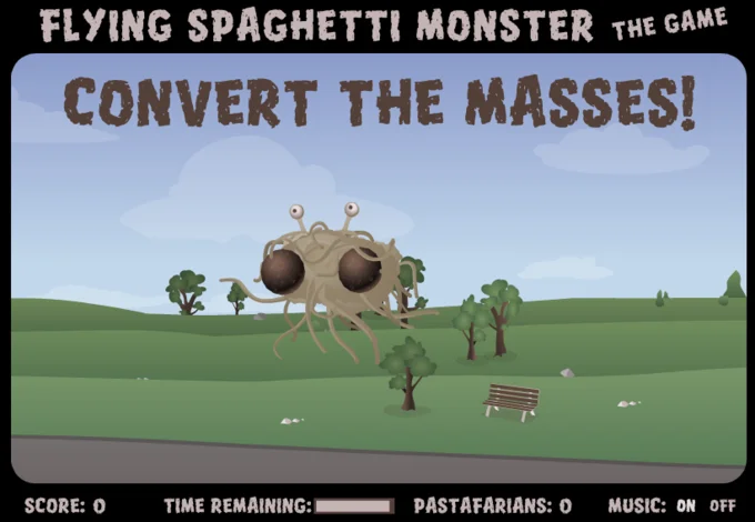 Title screen of 'Flying Spaghetti Monster: The Game — Convert the Masses!', a Pastafarian-themed browser game.