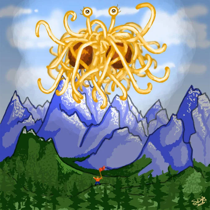 A Farmville player's tribute to the Flying Spaghetti Monster, built from hay bales and crop tiles.