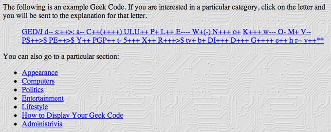 Sample Geek Code with category reference links.