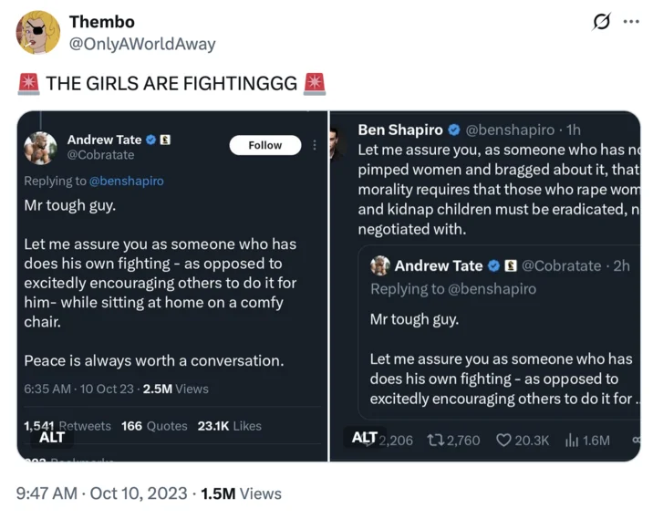 A 2023 viral tweet using "THE GIRLS ARE FIGHTINGGG" to mock a public argument between Andrew Tate and Ben Shapiro.