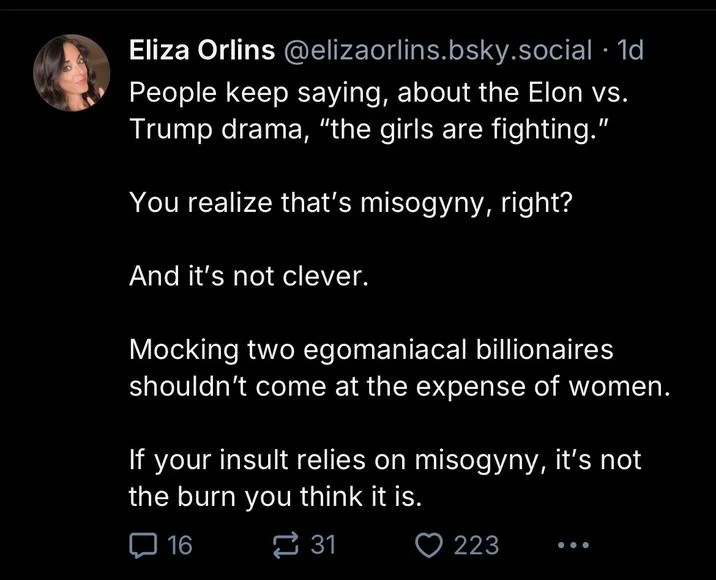 A Bluesky post sparking debate about whether using "the girls are fighting" to mock conflicts between men is inherently sexist.