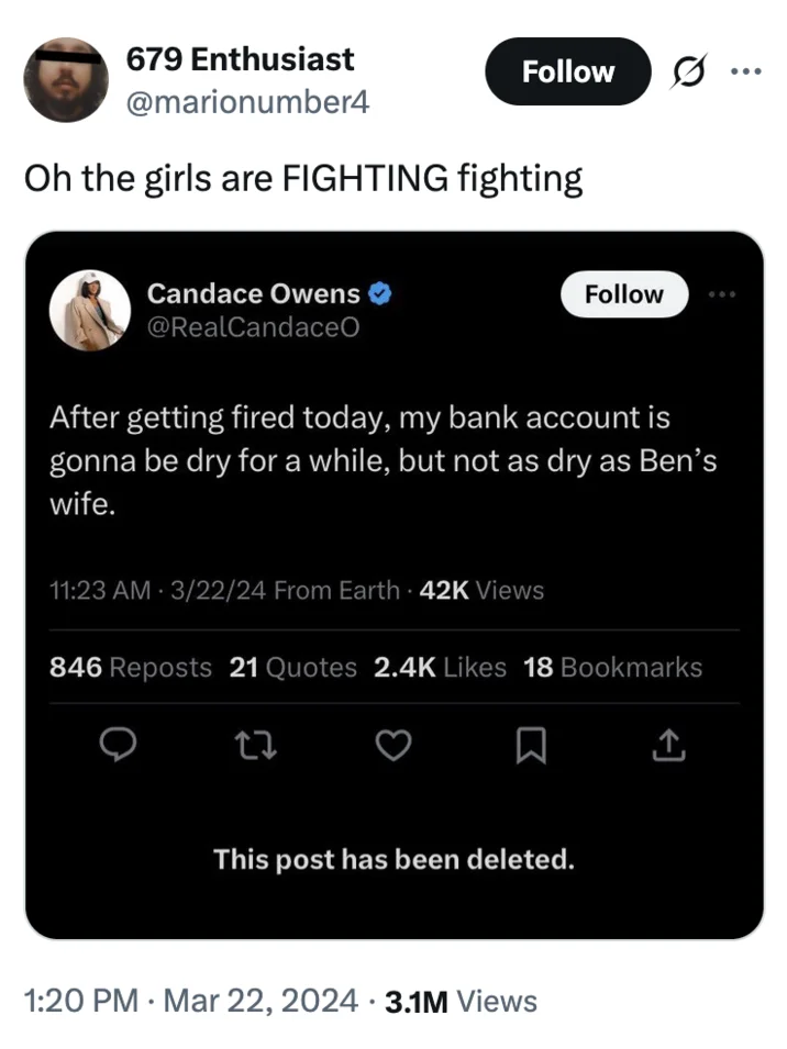 A 2024 tweet using "the girls are FIGHTING fighting" to react to Candace Owens' controversial deleted tweet about being fired.