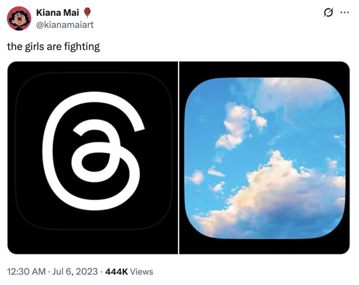 A 2023 tweet applying "the girls are fighting" to the competition between Meta's Threads and Bluesky social media platforms.