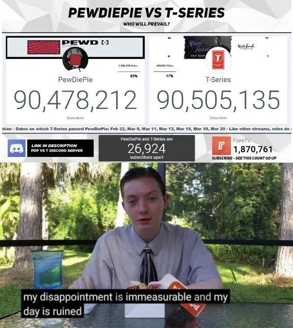 Fans use the 'disappointment is immeasurable' template to react to PewDiePie's shrinking subscriber lead.