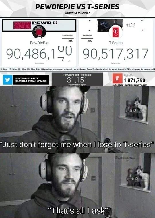 A somber meme featuring PewDiePie seemingly accepting defeat in the subscriber war against T-Series.