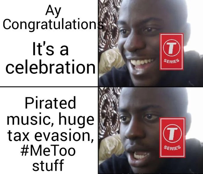 A meme listing controversies attributed to T-Series as a counter-argument during the subscriber war.