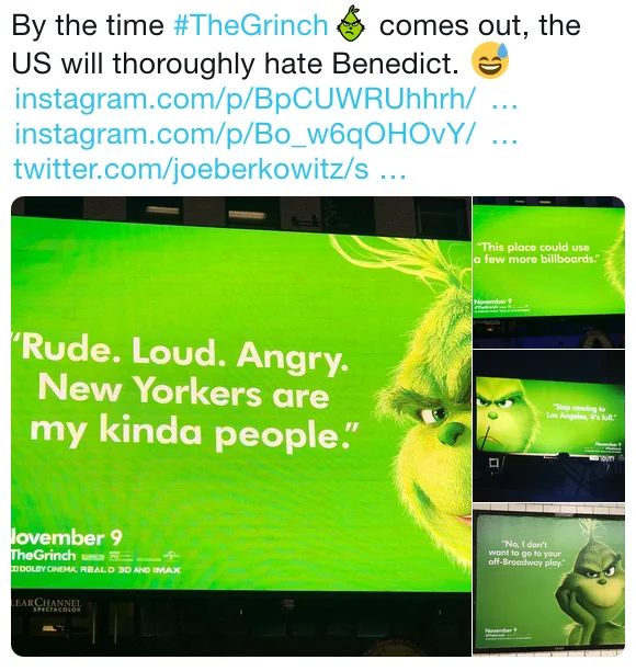 A viral tweet highlighting Universal's cheeky marketing billboards for the 2018 'The Grinch' animated film.