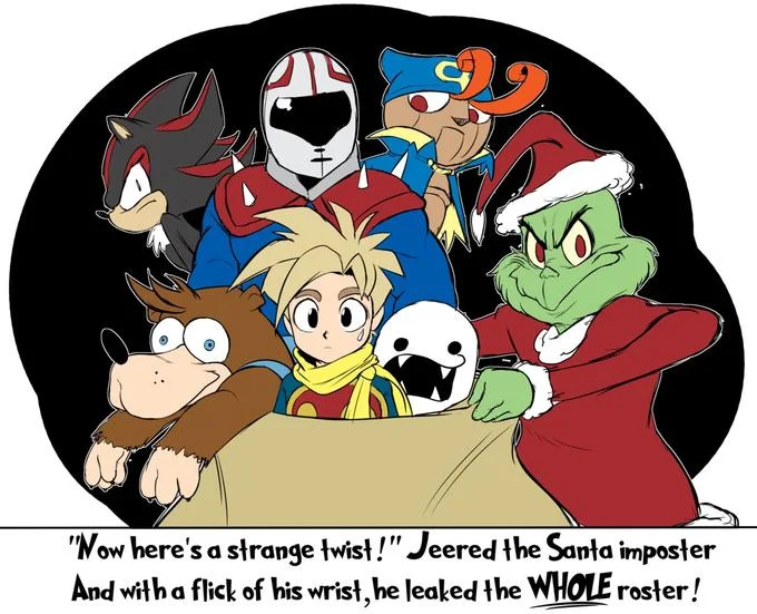 Fan artwork depicting the Grinch as the mythical 'Santa imposter' who leaked the entire Smash Bros Ultimate roster.