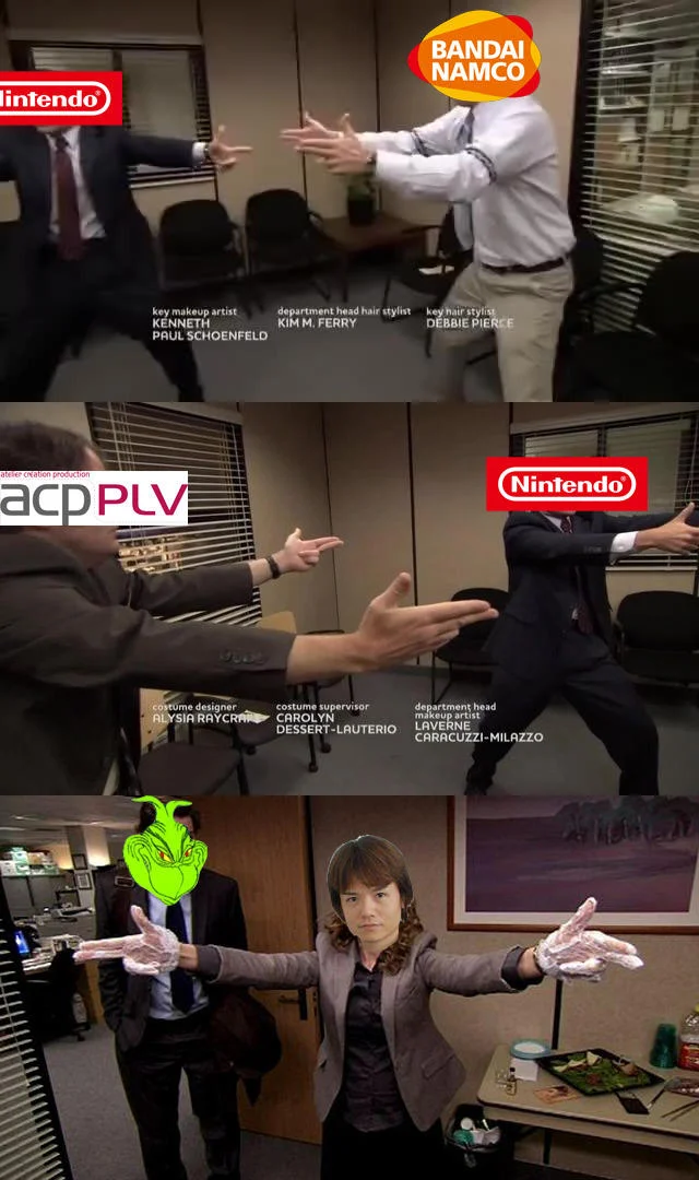A meme using The Office 'two guys pointing' format to blame Nintendo, Bandai Namco, and ACPLV for the Smash Bros Grinch Leak.