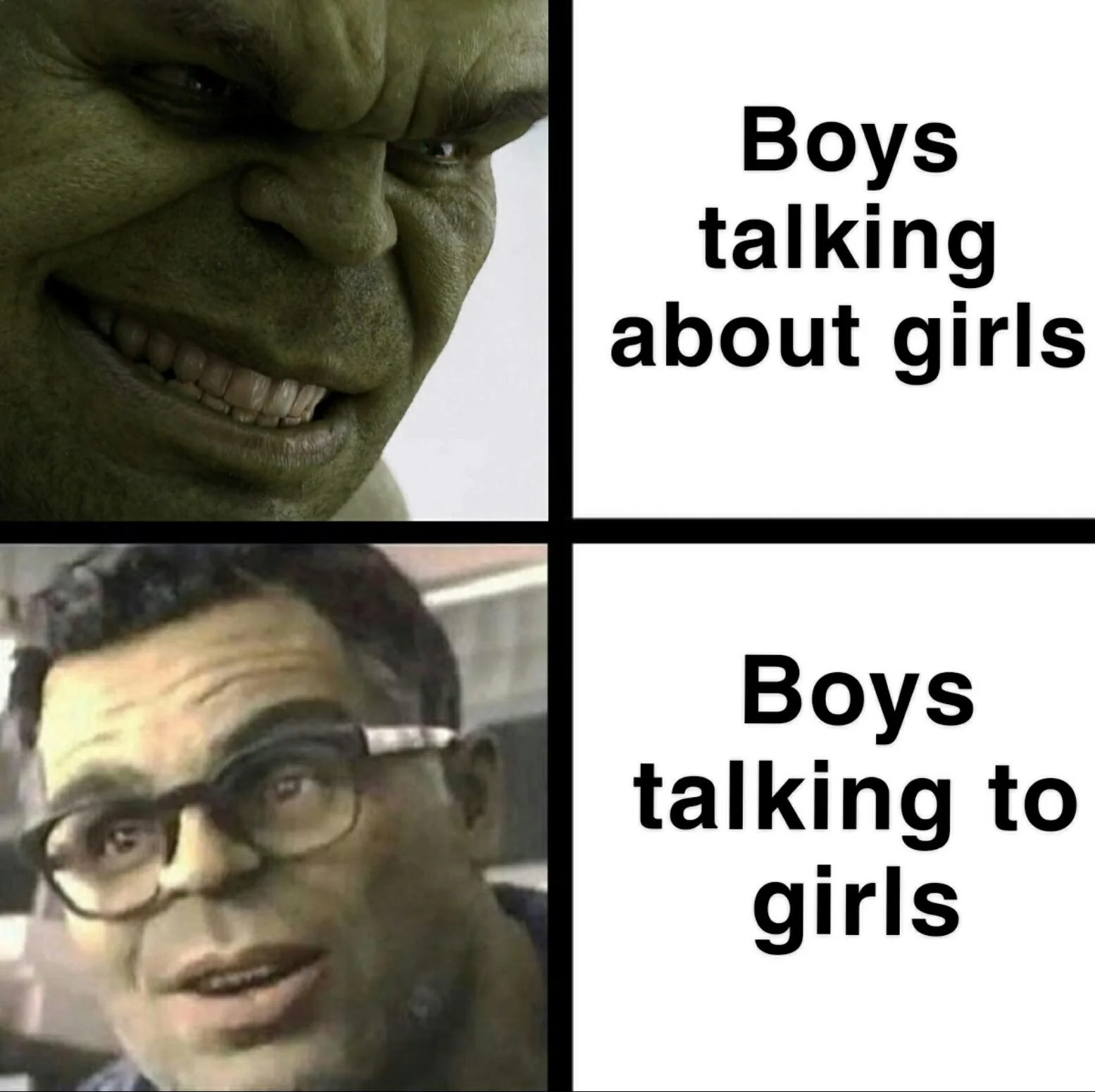 A popular meme format using the Hulk GIF frames to contrast confident bravado with real-life awkwardness.
