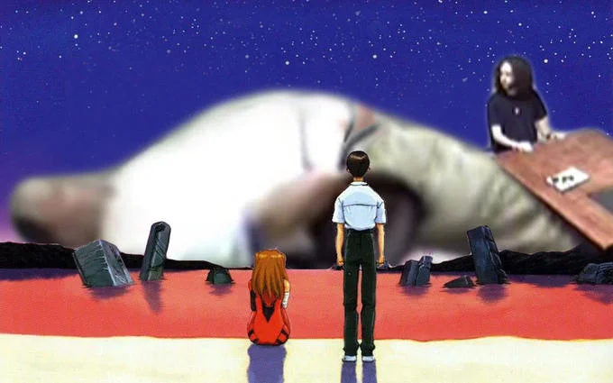 A crossover edit inserting the interrogation into the final scene of The End of Evangelion.