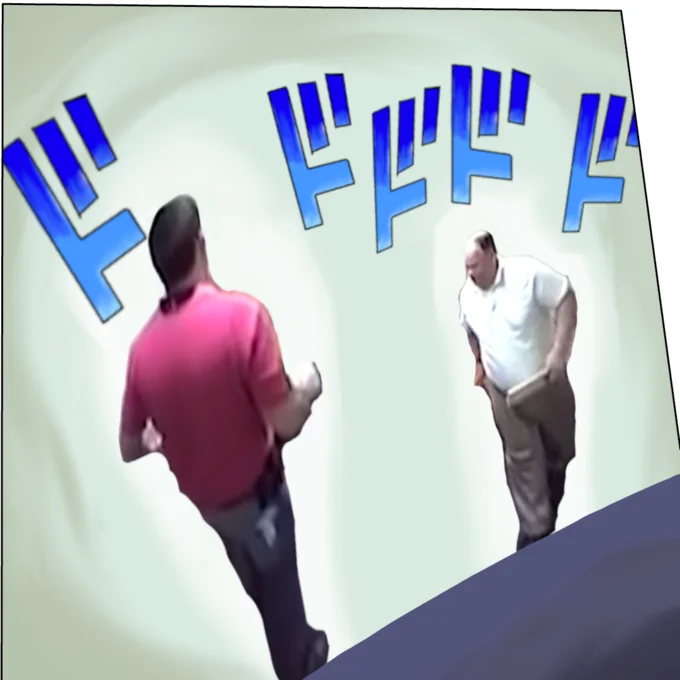 A JoJo's Bizarre Adventure style edit adding menacing 'ゴゴゴ' onomatopoeia to the officers.