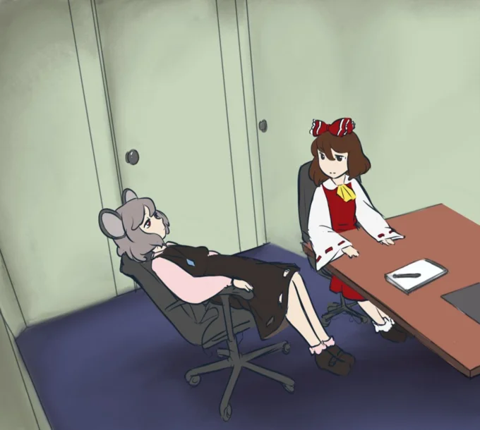 Touhou fan art restaging the interrogation with Nazrin and Reimu Hakurei.