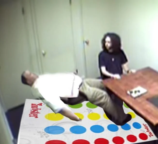 A popular Photoshop edit placing a Twister mat under the detective's contorted pose.