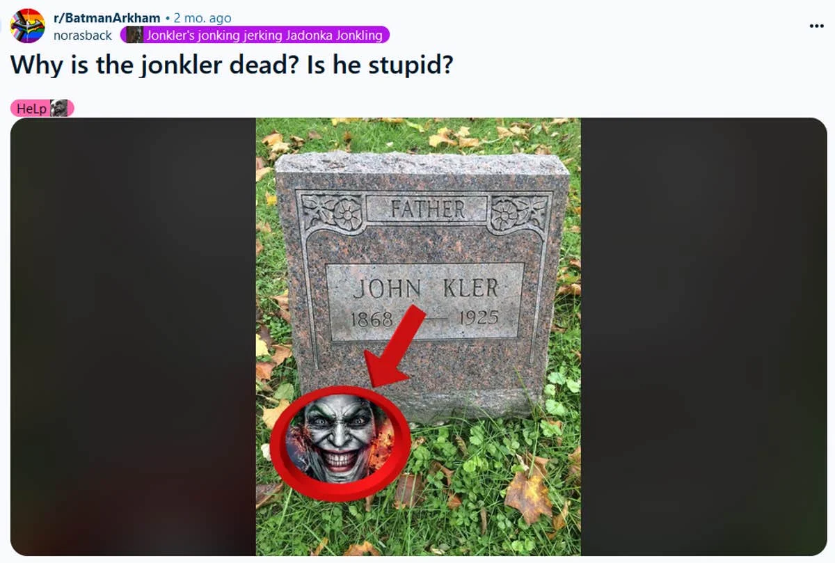 Reddit post about Jonkler meme with gravestone image and red circle