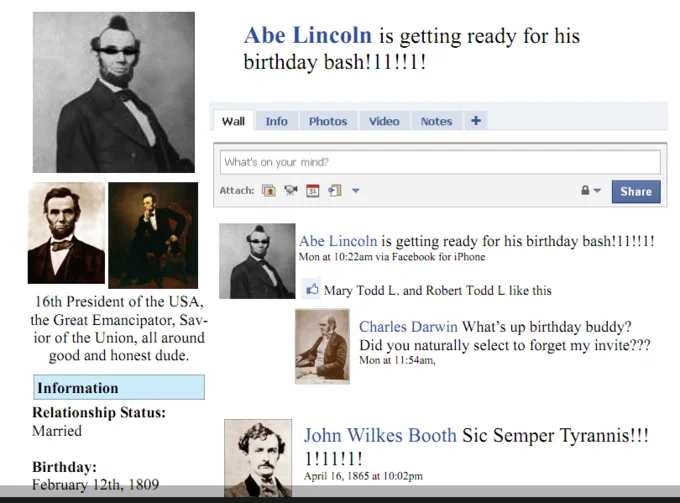 A satirical mock-up of Abraham Lincoln's Facebook page demonstrating the Law of Exclamation through a status post riddled with exclamation points and typos.