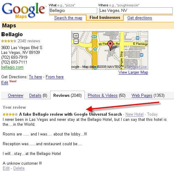 A fake Google Maps review of the Bellagio Hotel, showcasing suspicious writing filled with ellipses and exclamation marks that illustrate the Law of Exclamation.