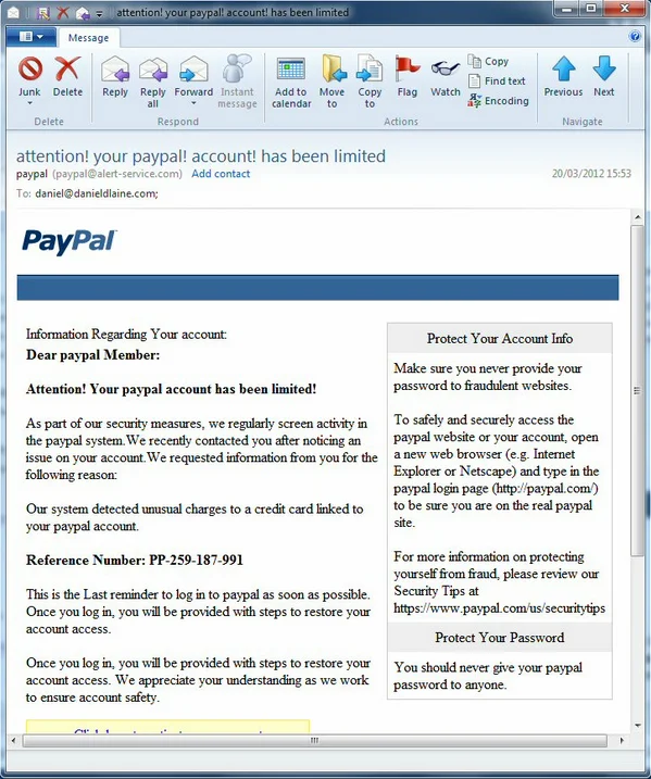 A PayPal phishing email exemplifying the Law of Exclamation, as its heavy use of exclamation marks correlates with its lack of credibility.