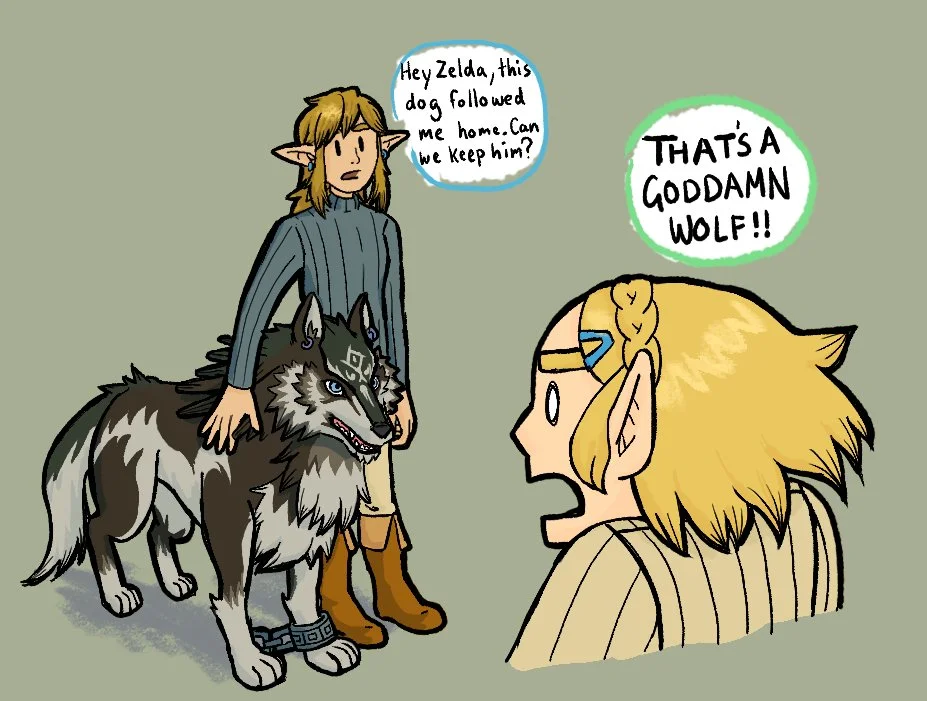 Fan art of Link and Zelda from Breath of the Wild, with a size-swap gag depicting Link as a small child and Zelda as a towering adult.