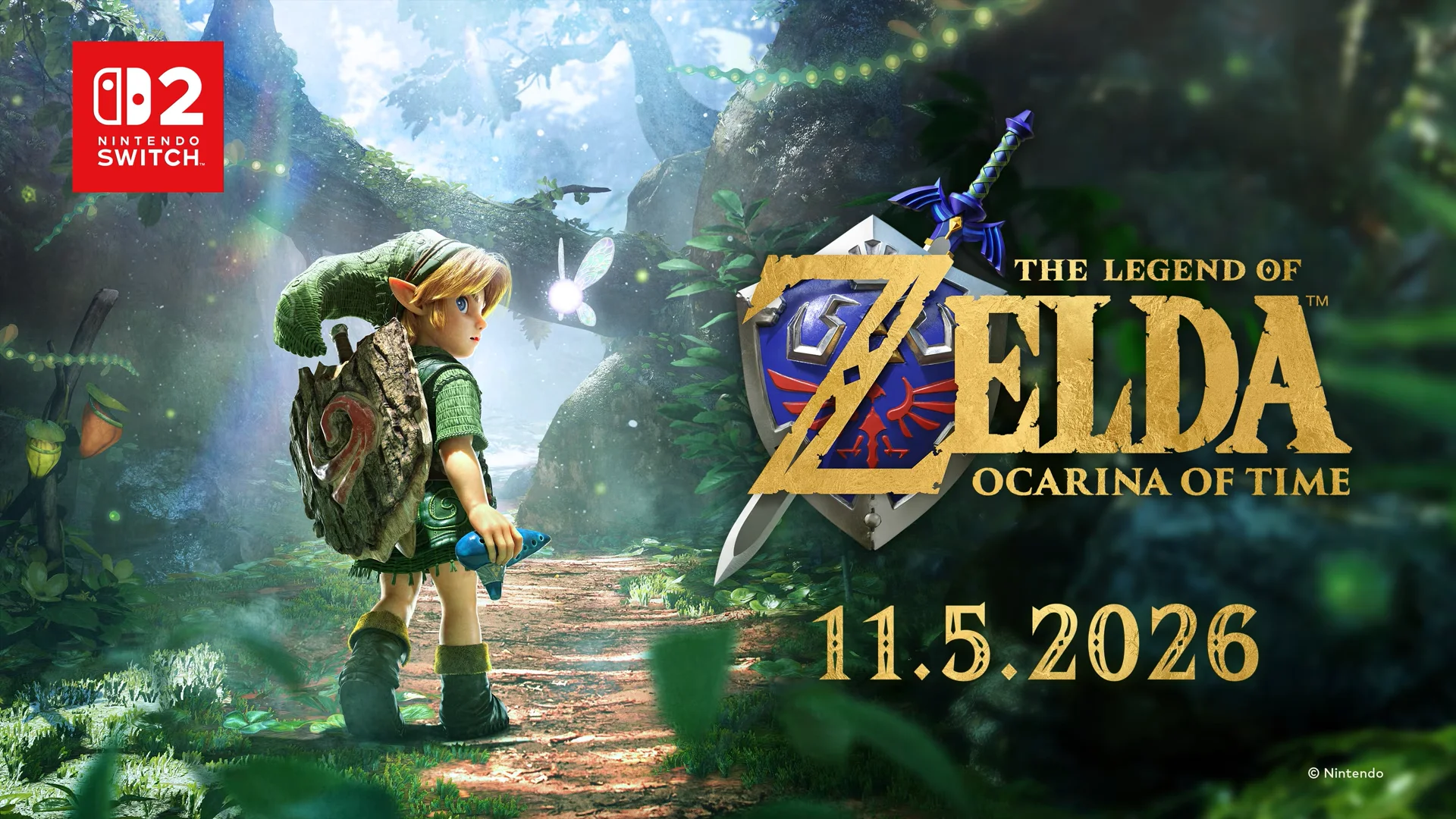 The official title logo for the Ocarina of Time remake, showcasing the iconic Master Sword and Hylian Shield.