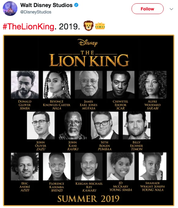 The official Walt Disney Studios Twitter announcement revealing the ensemble cast of the 2019 live-action remake of The Lion King.