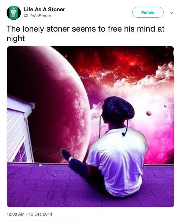 A 2014 @LifeAsStoner tweet pairing the Kid Cudi lyric with a surreal rooftop-and-cosmos image, an early example of the format.