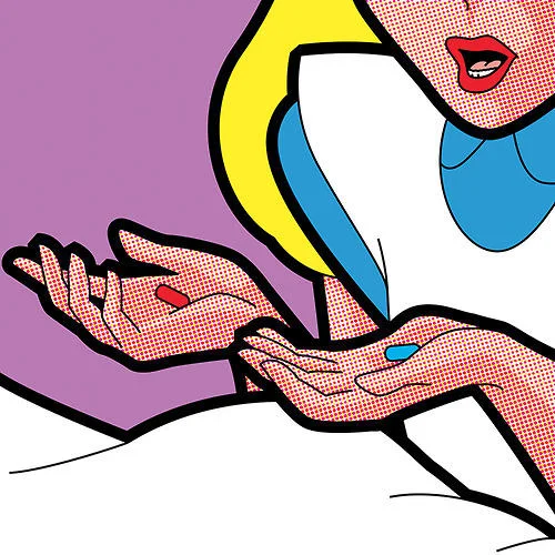 Pop art rendition of The Matrix's red-pill/blue-pill choice, drawn in a Roy Lichtenstein-inspired style.