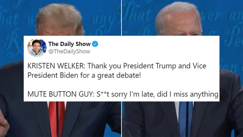 Composite debate image with mute button tweet.