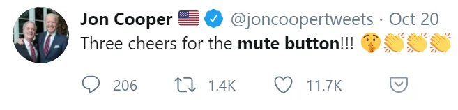Supportive tweet celebrating mute button.