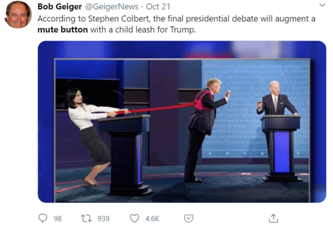 Photoshopped debate stage with leash joke.