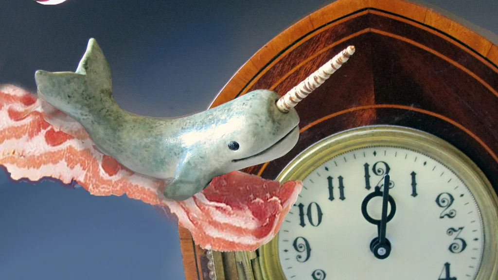 The signature imagery of the meme: a narwhal, bacon, and a clock striking midnight combined into a single illustrative composition.