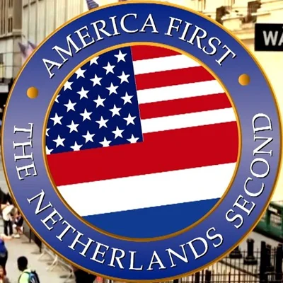 The logo associated with the viral Dutch satirical video 'The Netherlands Second,' which introduced the country to then-President Donald Trump in an exaggerated 'America First' style.