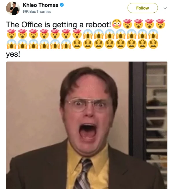 A Twitter user reacts enthusiastically to rumors of a reboot of The Office with a screaming Dwight Schrute reaction image.