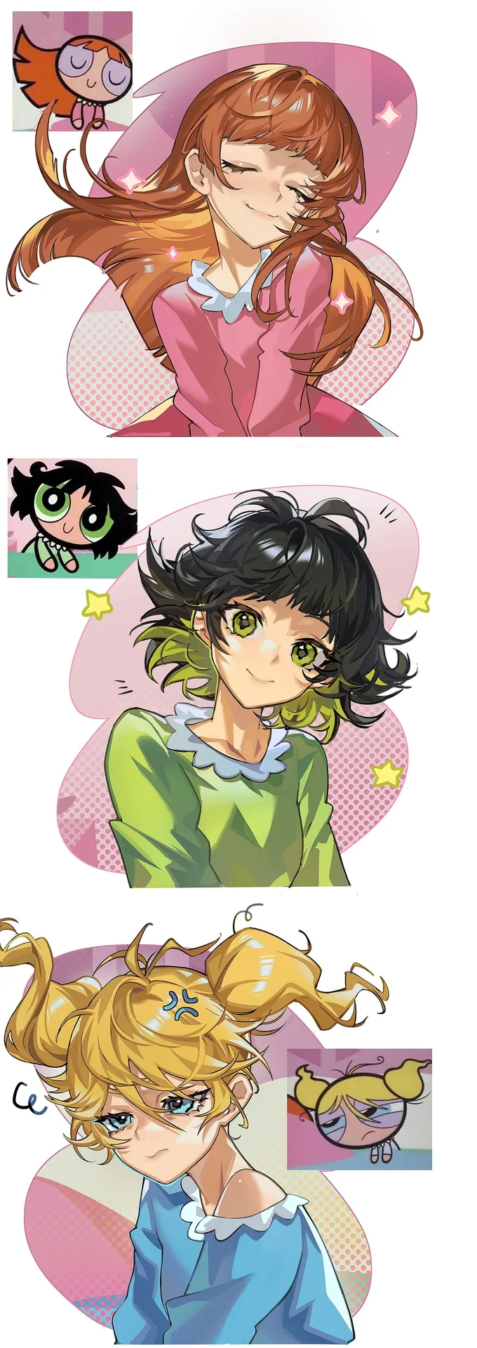 Fan art reimagining the three Powerpuff Girls as older anime-style teenagers, with their original designs shown as reference insets.