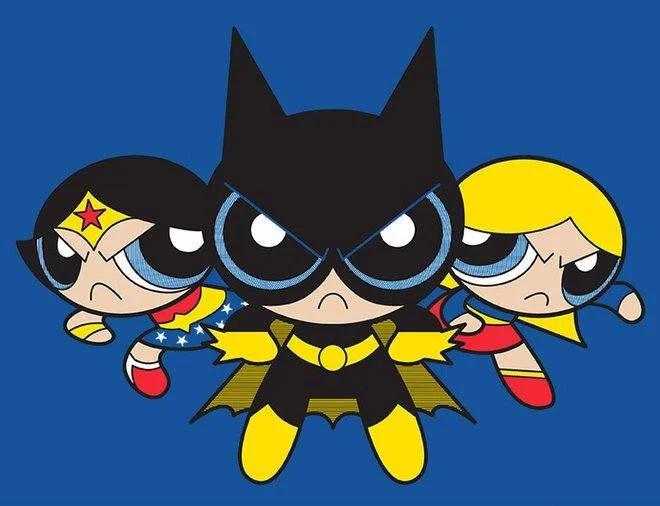 Fan art mashing up The Powerpuff Girls with DC Comics, depicting the trio as Wonder Woman, Batgirl, and Supergirl.