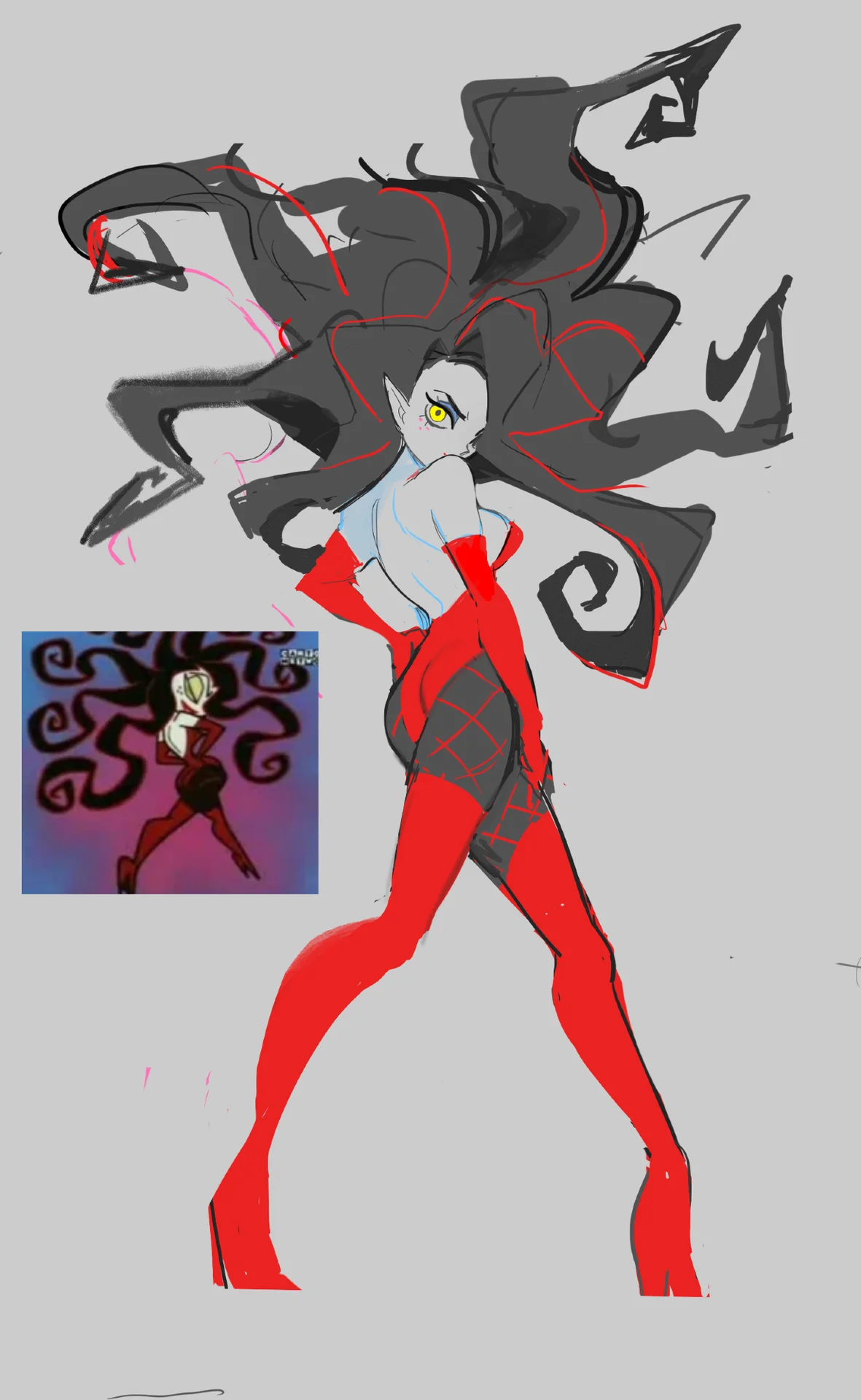 A sketch-style reinterpretation of Sedusa, the shape-shifting villain from The Powerpuff Girls, alongside a reference still from the show.