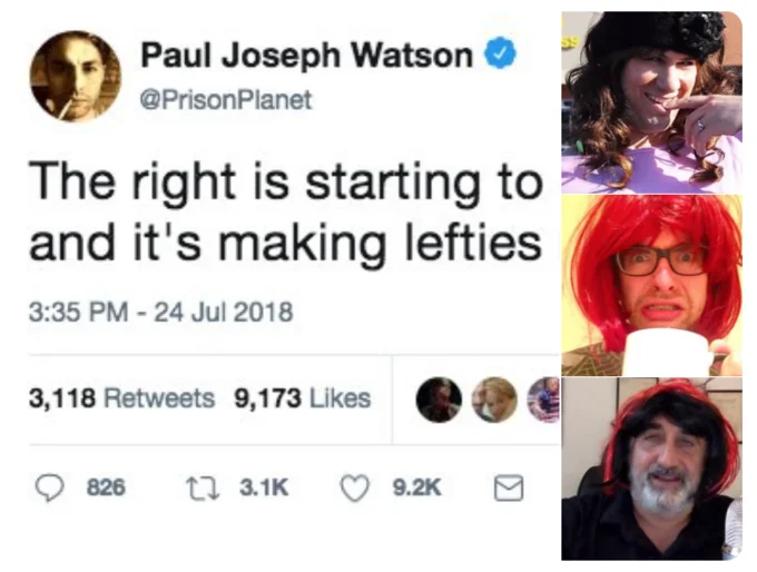 A sarcastic reply juxtaposing the tweet with examples of right-wing 'comedy' that typically relies on men dressing up as women.