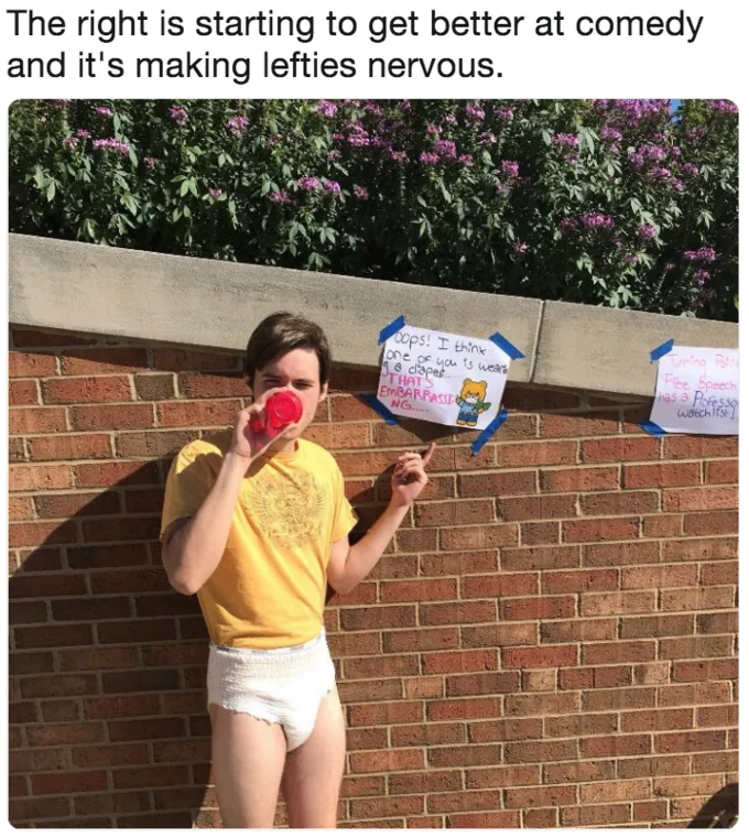 A reply referencing the viral 'diaper protest' of Turning Point USA activist Kaitlin Bennett as a counterpoint to Watson's claim.