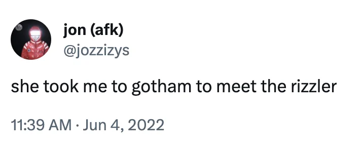 Twitter post referencing Rizzler charisma.