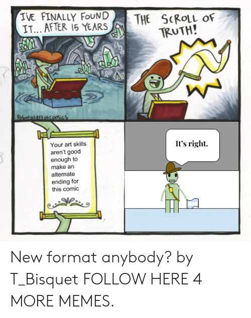 The original four-panel Scroll of Truth comic by Tate Parker, showing an adventurer rejecting an uncomfortable truth found on an ancient scroll.