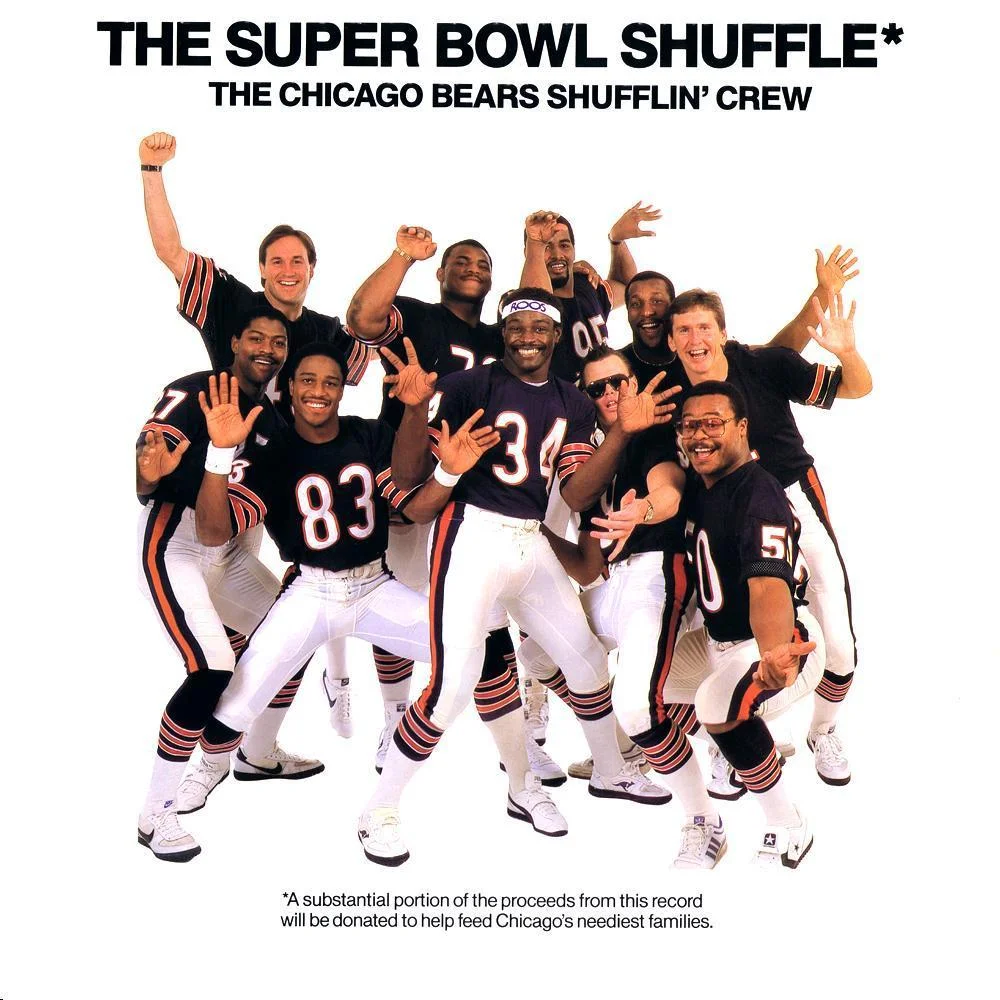 The cover of the 1985 novelty rap single 'The Super Bowl Shuffle,' performed by members of the Chicago Bears football team as the Chicago Bears Shufflin' Crew.