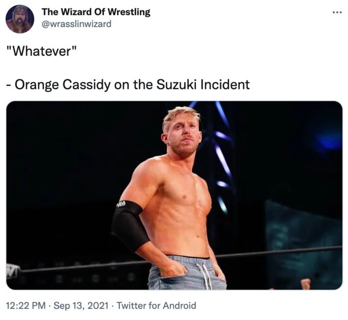 Orange Cassidy one-word parody quote.