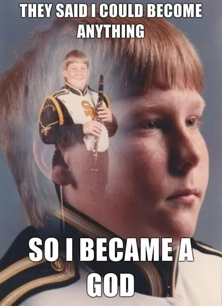 The canonical PTSD Clarinet Kid variant that popularized the 'so I became a god' punchline associated with the meme format.