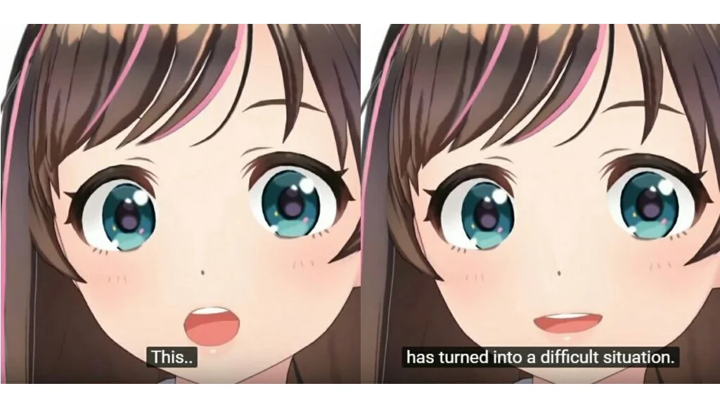 The original template image for the 'This has turned into a difficult situation' meme, derived from a Kizuna AI VTuber clip.