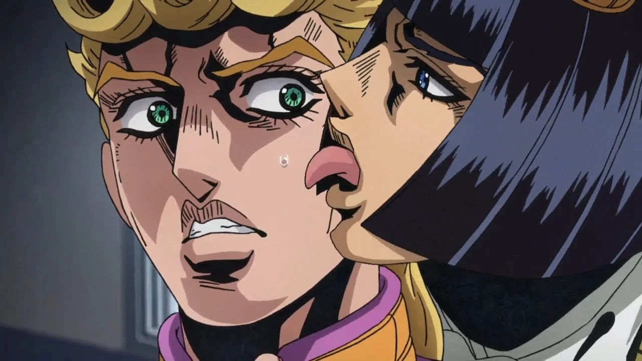 The original JoJo's Bizarre Adventure: Golden Wind anime scene where Bruno Bucciarati tastes Giorno Giovanna's sweat to determine if he is lying.