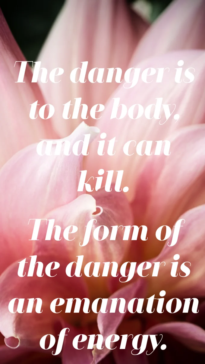 Nuclear danger text over delicate flowers.